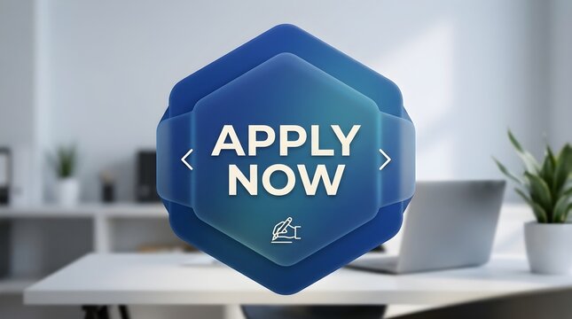 Apply now blue hexagonal button with call to action text overlaying a blurred modern office background
