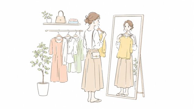 クローゼットの洋服を鏡の前で試着して選ぶ女性のライフスタイル