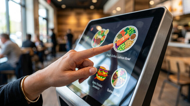 Customer uses touchscreen kiosk to order food at a modern restaurant