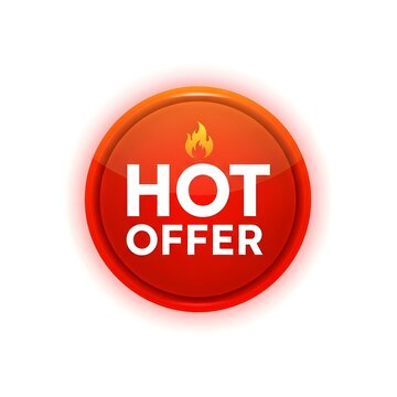 Hot offer glossy red button icon with flame symbol for marketing sales and retail promotions