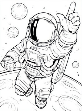 Cute astronaut pointing up into space black and white  line art outline drawing for kids coloring book universe moon planets stars science outer space exploration theme design