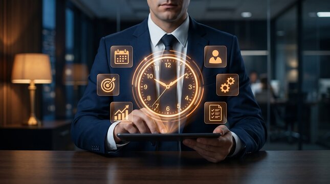 Businessman using digital clock icons for time management and productivity planning in a modern corporate office at night.