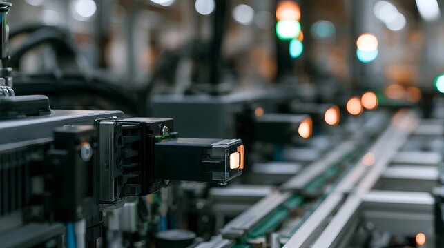 Close up of industrial automation equipment with glowing indicator lights along a conveyor system in a modern factory setting