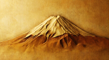 Majestic Mount Fuji in Golden Hues: A striking depiction of Mount Fuji, the iconic stratovolcano, rendered in warm, golden tones, evoking a sense of timeless beauty and cultural significance. © raseldesigner93