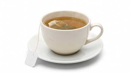 Naklejka premium White ceramic cup of hot green tea with tea bag on saucer