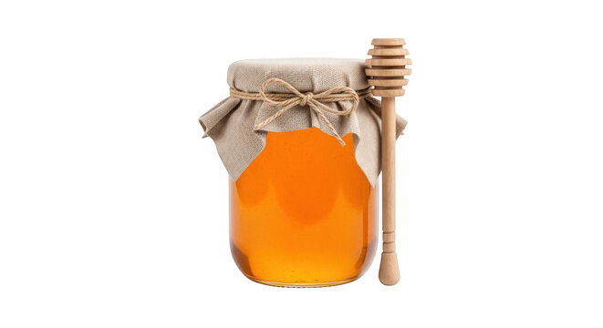 Glass jar of golden liquid honey isolated on transparent background
