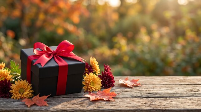 Gift Box With Autumn Flowers On Wooden Surface