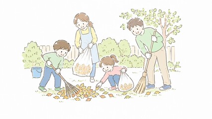 Naklejka premium 家族で協力して庭の落ち葉を掃除する楽しそうなイラスト