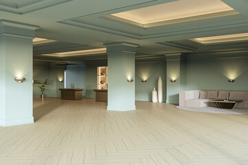 Fototapeta premium Elegant modern corporate office reception interior with columns, illuminated ceiling, desk counters, lounge seating, and spacious hall design. 3D Rendering