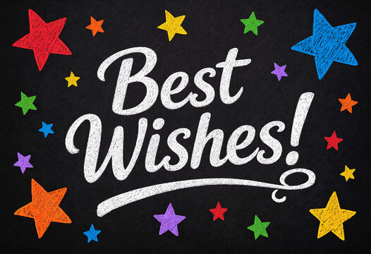 Colorful chalk style best wishes text surrounded by vibrant stars on blackboard background