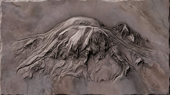 Volcanic Landscape Bas-relief: A detailed bas-relief sculpture depicting a rugged volcanic landscape with intricate textures and dramatic contours, evoking the raw power of nature.