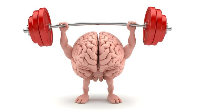 Brain character lifting heavy red barbell representing mental strength and cognitive growth in three dimensional style