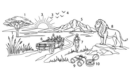 Obraz premium African Safari Continuous Line Art Panorama with Lion Jeep Tourists and Wildlife Vector