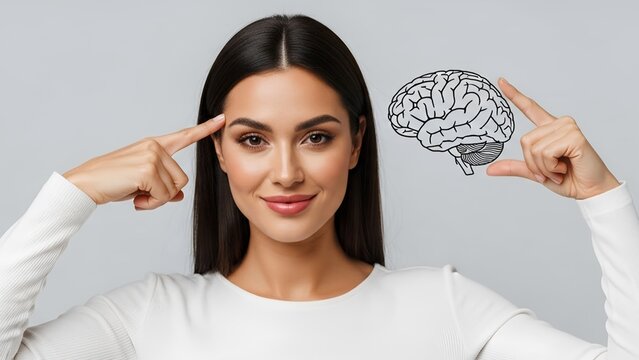 Woman pointing at her temple with hand gesture and digital brain drawing on gray background studio