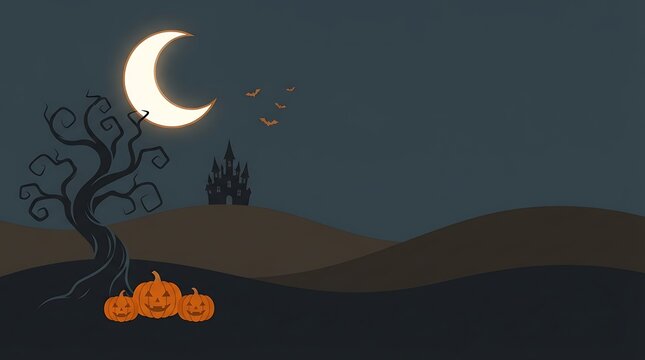 Spooky halloween night background with a crescent moon a dead tree pumpkins and a distant haunted castle silhouette