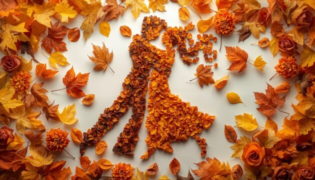 Romantic dancing couple mosaic crafted from dried autumn leaves surrounded by a border of golden maple leaves top down botanical flat lay