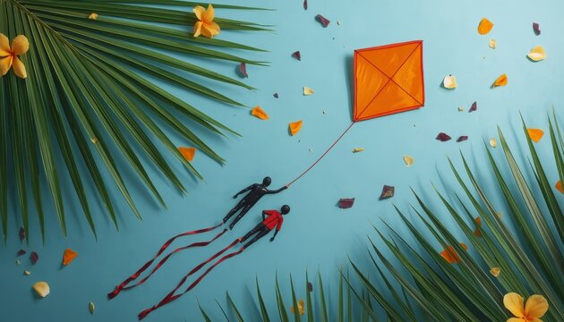 Minimalist silhouette of father and child flying a red kite over blue background framed by palm fronds top down flat lay