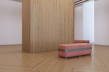 Fototapeta premium Modern gallery interior with wooden wall, parquet floor, and pink upholstered bench for exhibition branding and advertising mockup design. 3D Rendering