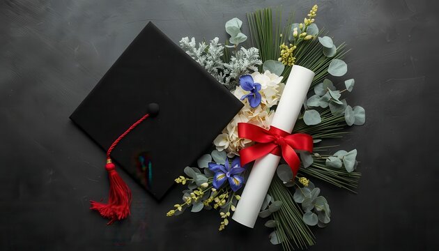 Graduation cap and diploma scroll with red ribbon placed on a botanical bouquet of eucalyptus and blue irises top down flat lay background