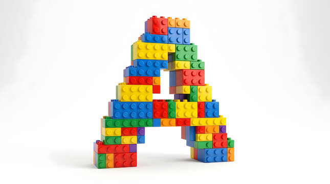Alphabet letter a made of many colorful toy bricks on white background.