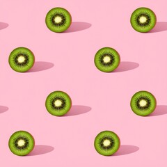 Fototapeta premium Seamless pattern of fresh kiwi slices on pink background.