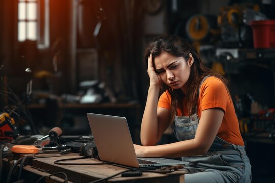 Young woman mechanic feeling frustrated while working on a laptop in her home workshop