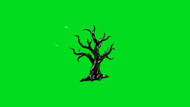 A low poly dark tree silhouette isolated against a bright green background