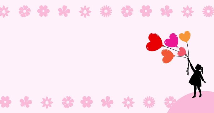 Vector animation of a girl holding a heart-shaped balloon and colorful heart-shaped decorations, with copy space, isolated on a light pink background.