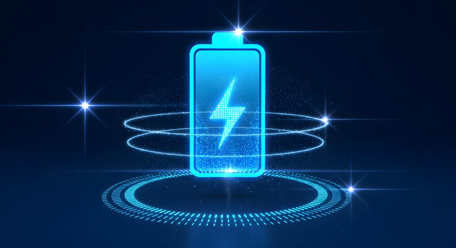 Battery icon glowing with blue digital light representing energy efficiency and modern fast charging technology concepts