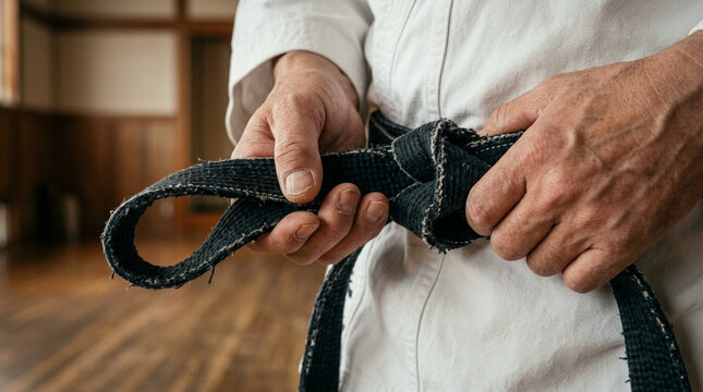 Martial arts master tying black belt in dojo