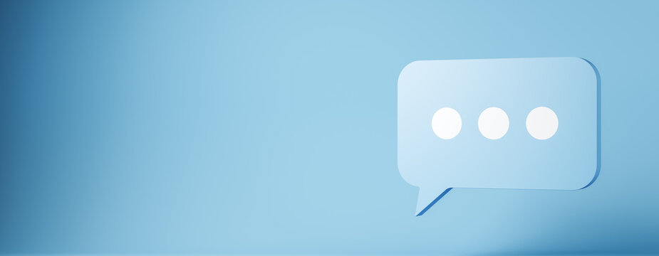 Minimal speech bubble message icon on blue gradient background with copy space for social network communication design template. 3D Rendering
