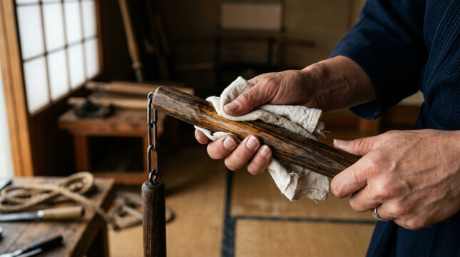 Martial Arts Practice: Hands Cleaning Wooden Nunchaku in Traditional Dojo