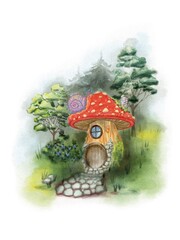 Watercolor fairy tale mushroom house with cute snail in magical enchanted forest, fantasy fly agaric cottage, children book illustration on white background