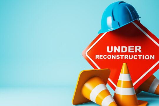 Under Construction Road Sign with Safety Helmet and Traffic Cones on an Isolated Gradient Background for Building Work Awareness. 3D Rendering