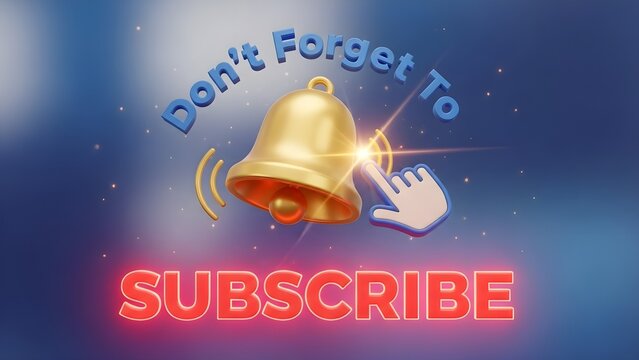 Golden bell notification icon with cursor hand clicking subscribe button for social media marketing digital content