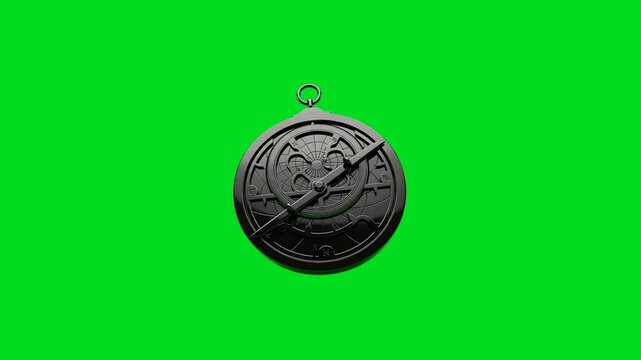 An intricate brass astrolabe isolated against a vibrant green screen backdrop