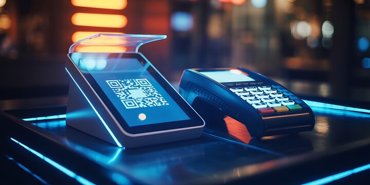 QR code scanner stands next to a credit card terminal.