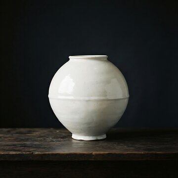 Korean Moon Jar (Dalhangari): A minimalist Korean white porcelain Moon Jar vase with a subtle asymmetrical silhouette and soft milky-white glaze, rest