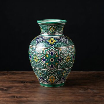Moroccan Safi Pottery: A vibrant Moroccan Safi ceramic vase adorned with intricate hand-painted geometric filigree patterns in emerald green and yello