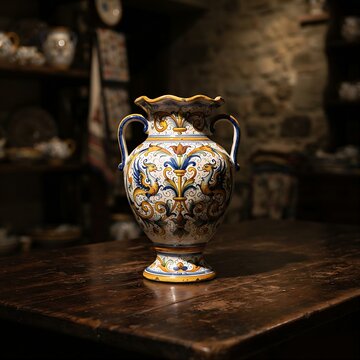 Italian Deruta Majolica: A stunning Italian Deruta Majolica ceramic vase with Renaissance-inspired hand-painted scrollwork and stylized mythical creat