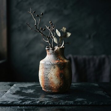Japanese Bizen Ware: A rustic Japanese Bizen ware stoneware vase with natural ash glaze and organic earth-toned textures, placed on a minimalist dark 