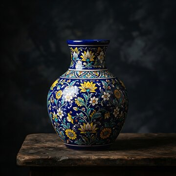Indian Jaipur Blue Pottery: A vibrant Indian Jaipur blue pottery vase made of Egyptian paste, hand-painted with dazzling yellow and white floral motif
