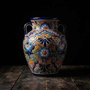 Mexican Talavera: A large, colorful Mexican Talavera ceramic vase with vibrant hand-painted floral cobalt blue and orange patterns, placed on a dark w