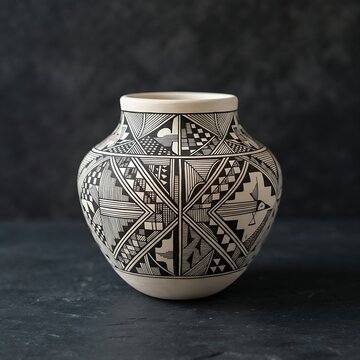 Native American Acoma: A traditional Native American Acoma Pueblo pottery vase featuring precise, high-contrast black and white fine-line geometric pa