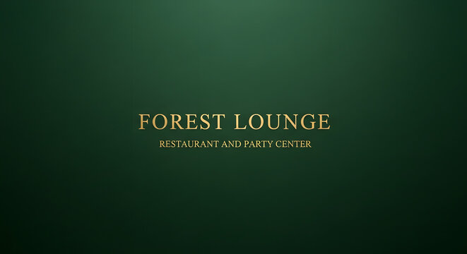 Elegant gold text forest lounge restaurant and party center logo design on dark green wall background.