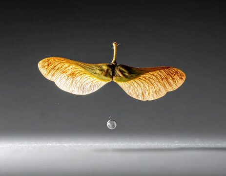 Falling maple seed samara above water droplet.