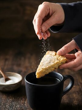 Person Sprinkling White Sugar on Baked Shortbread Biscuit Above Black Hot Coffee Mug on Rustic Table