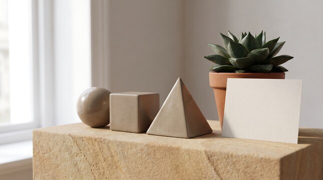 Minimalist still life composition with geometric shapes and a potted plant.