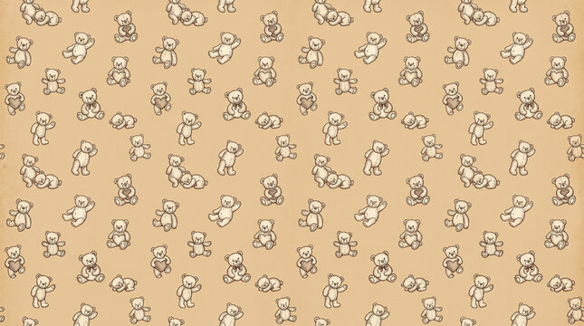 Vintage hand drawn teddy bear seamless pattern with sketch style toy bears on warm beige paper texture with copy space