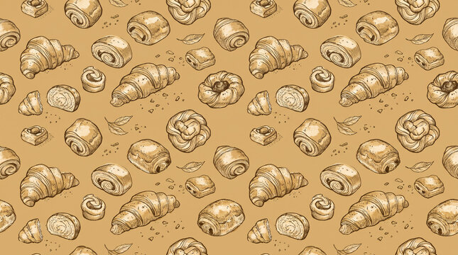 Vintage hand drawn French bakery seamless pattern with croissant and pastry line art on warm beige paper texture with copy space